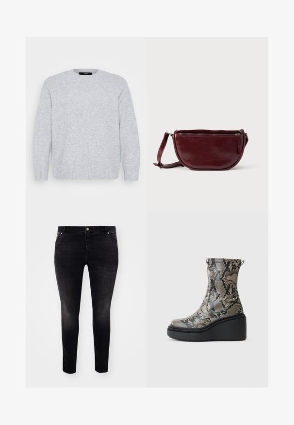 Vero Moda Curve Knitted VMCBOOM Knitted - Strickpullover - light grey melange; Schwarze Jeans aus Denim mit slim-fit Schnitt, Fünf-Taschen-Design, Knopfverschluss und sanften Ausbleichungen für eine strukturierte Optik. Minimalistischer Stil, ohne sichtbare Muster.; Ankle-Stiefel mit hohen Absätzen im Schlangenledermuster, in Grau- und Schwarztönen, mit einer massiven schwarzen Plateausohle und strukturiertem Obermaterial.; Dunkelroter Lederhandtasche in halbmondförmiger Form mit Reißverschluss und abnehmbarem Tragegurt. Glatte Textur mit dezentem Glanz.