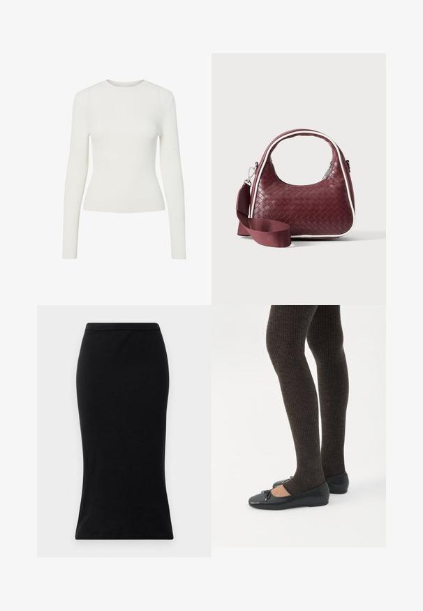 Hvid langærmet ribbet top med rund halsudskæring, tætsiddende snit og glat tekstur. Minimalistisk design uden synlige mønstre eller pynt.; Sorte højtaljede blyantskirt lavet af glat stof, med en tætsiddende silhuet og en ren, strømlinet kant uden dekorationer.; Ben iført mørke ribbede leggings kombineret med sorte balletsko med små sløjfedetaljer på hvid baggrund.; Mørkerød vævet lædertaske med buet hank, hvid kant, sølv lynlås og aftagelig bred stofskulderrem mod en ensfarvet baggrund.