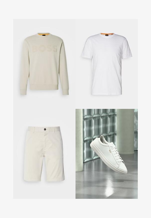 Cremefarbener Sweatshirt mit einem gerippten Rundhalsausschnitt, das ein farblich abgestimmtes "BOSS"-Logo auf der Vorderseite und gerippte Bündchen sowie Saum präsentiert.; Weißes Baumwoll-T-Shirt mit Rundhalsausschnitt, kurzen Ärmeln und einem dezenten geprägten Logo auf der Brust. Das Innenschild hat einen orangefarbenen Akzent.; Helle beige Shorts aus Baumwolle, mit einem Knopfverschluss, Vordertaschen und abgestepptem Saum. Glatte Textur mit einem lässigen Design.; Weißer Leder-Low-Top-Sneaker mit Schnürsenkeln, schwarzer Fersenschlaufe und „BOSS“-Logo, der drinnen nahe einer Glassteinwand und einem polierten Boden schwebt.