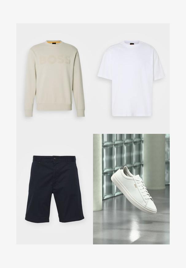Cremefarbener Sweatshirt mit einem gerippten Rundhalsausschnitt, das ein farblich abgestimmtes "BOSS"-Logo auf der Vorderseite und gerippte Bündchen sowie Saum präsentiert.; Weißes Baumwoll-T-Shirt mit Rundhalsausschnitt, kurzen Ärmeln und lässiger Passform. Verfügt über strukturierte Schulternaht für zusätzliche Details.; Navyblaue Baumwollshorts mit Knopfverschluss, geradem Schnitt und Seitentaschen. Sie verfügen über eine glatte Textur und ein schlichtes Design.; Weißer Leder-Low-Top-Sneaker mit Schnürsenkeln, schwarzer Fersenschlaufe und „BOSS“-Logo, der drinnen nahe einer Glassteinwand und einem polierten Boden schwebt.