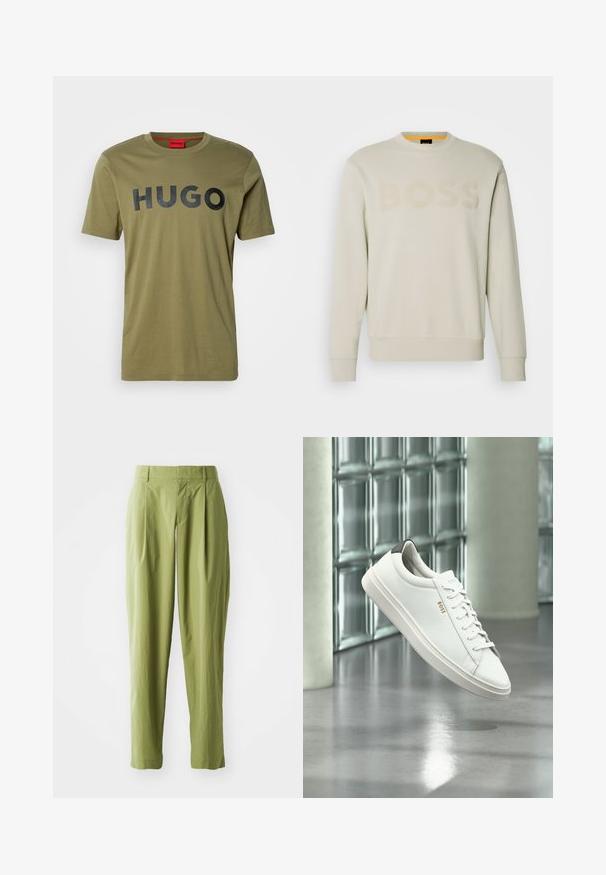 Crème-kleurige sweater met een geribbelde ronde hals, voorzien van een tonale "BOSS"-logo op de voorkant en geribbelde manchetten en zoom.; Olijfgroene katoenen t-shirt met een ronde hals en een vet zwart "HUGO" logo over de borst, korte mouwen en een gladde textuur.; Lichtgroene broek van een gestructureerde stof, met een rechte pasvorm, plooien aan de voorkant en een standaard tailleband.; Witte leren lage sneaker met veters, zwarte hielstrook en "BOSS"-logo, zwevend binnenshuis bij een glazen stenen muur en gepolijste vloer.