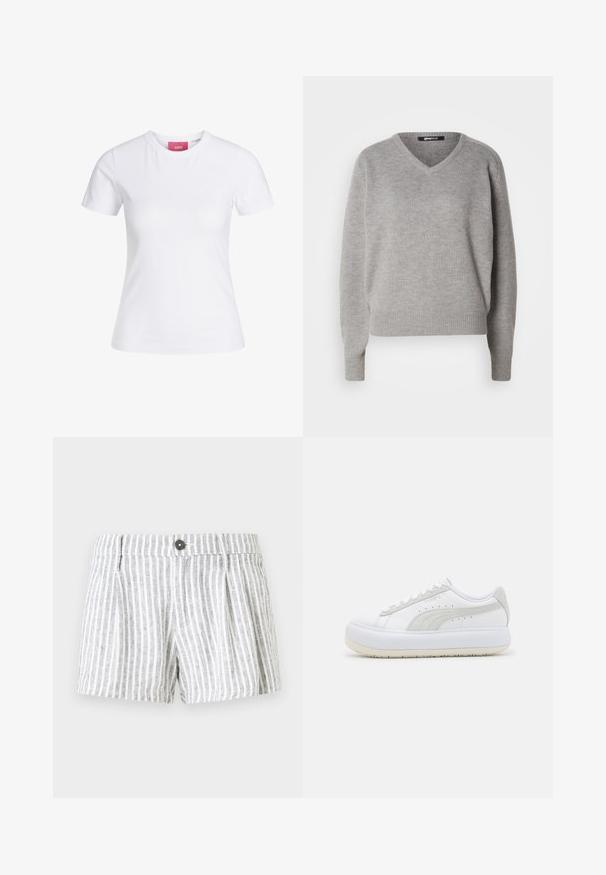 Grå v-hals sweater lavet af blødt strikket materiale. Har lange ærmer samt ribbede manchetter og kant. Enkel, klassisk design uden mønstre.; Hvid slimfit t-shirt med korte ærmer og rund halsudskæring med en lyserød JJXX-label indeni kraven, vist mod en ensfarvet baggrund.; Stribede shorts i lys grå og hvid, med knappelukning, plissee foran og et blødt, tekstureret stof.; Puma MAYU MIX - Sneakers - white/marshmallow