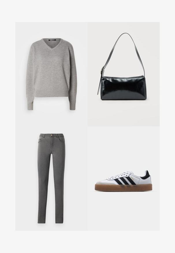 Pull gris à col en V fabriqué en douce maille. Il présente des manches longues et des poignets et un ourlet côtelés. Design simple et classique sans motifs.; Jean skinny en denim gris avec une coupe ajustée, style cinq poches et une fermeture à bouton métallique unique au niveau de la taille.; Baskets en cuir blanc avec des rayures noires, semelle extérieure en caoutchouc beige, bout rond, fermeture lacée et embout en suède gris doux.; Sac d'épaule rectangulaire noir avec une sangle réglable unique et une fermeture éclair supérieure sur un fond uni.