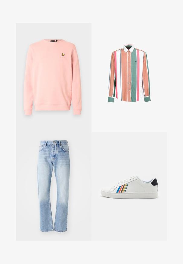 Roze crewneck trui van zachte stof, met lange mouwen en een klein zwart-geel vlinderlogo op de linkerborst.; Herenoverhemd met lange mouwen met verticale strepen in bruin, groen, roze en wit, gemaakt van lichtgewicht stof met een klassieke kraag.; Lichtblauwe denim jeans met een rechte pijp. Voorzien van een vijf-pocket ontwerp, knoopsluiting en een vervaagde textuur naar de onderkant.; Witte leren sneaker met kleurrijke verticale strepen in blauw, rood, oranje en geel aan de zijkant. Heeft een ronde neus en een platte zool.