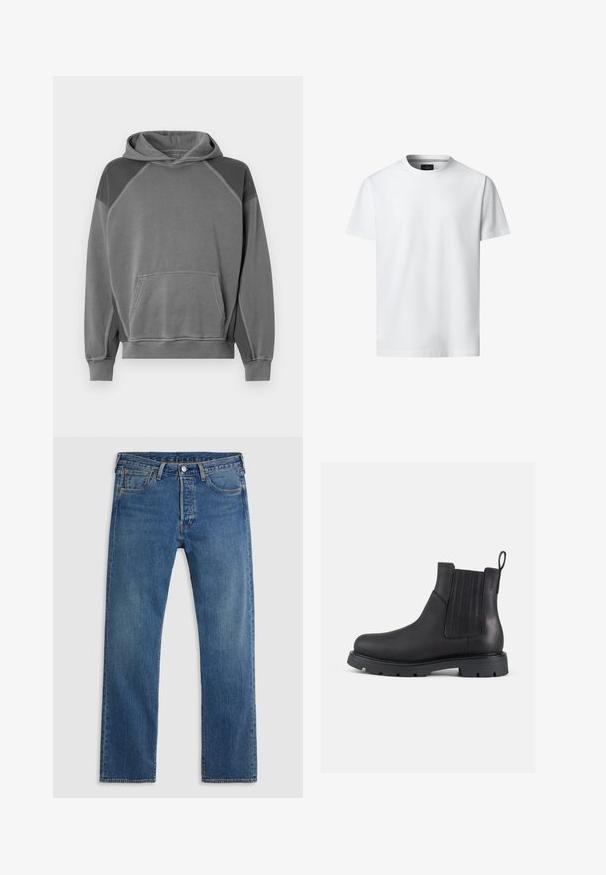 Grå hættebluse med kengurulomme, raglanærmer og kontrastfarvede skulderpaneler. Fremstillet af blødt, tekstureret stof.; Hvid, kortærmet T-shirt med rund hals, vist forfra på hvid baggrund med synligt mærke indeni kraven.; Blå straight-leg denimjeans med fem lommer, bæltestropper og lukning med knap og lynlås foran på en ensfarvet baggrund.; Sorte læder Chelsea støvler med elastiske sidepaneler, rund tå, tekstureret bagside og tykk gummisål med skridbestandigt mønster.