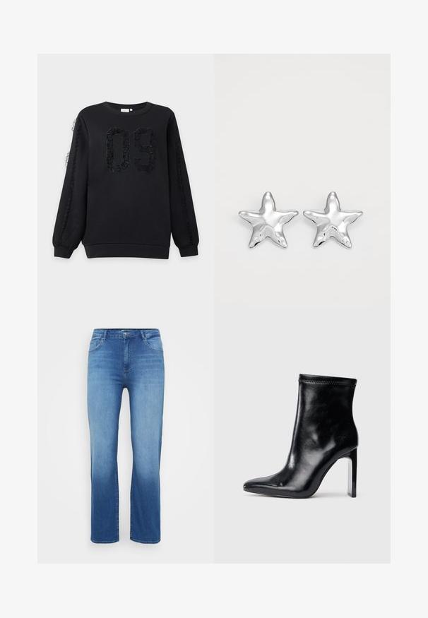 Schwarzer Sweatshirt mit langen Ärmeln, mit der strukturierten Zahl 09 auf der Vorderseite und Spitzen-Details an beiden Ärmeln.; Hellblaue Jeans aus Denim mit geradem Schnitt, Fünf-Taschen-Design und einem ausgeblichenen Effekt am Saum. Knopfverschluss an der Taille.; Schwarze Lederstiefelette mit spitzem Zeh und hohem, transparentem Absatz. Glatte Oberfläche und minimales Nähdetail an der Oberseite.; Silberne sternförmige Ohrringe mit einer polierten, glänzenden Oberfläche. Jeder Ohrring hat fünf Spitzen und dezente Oberflächentexturdetails.