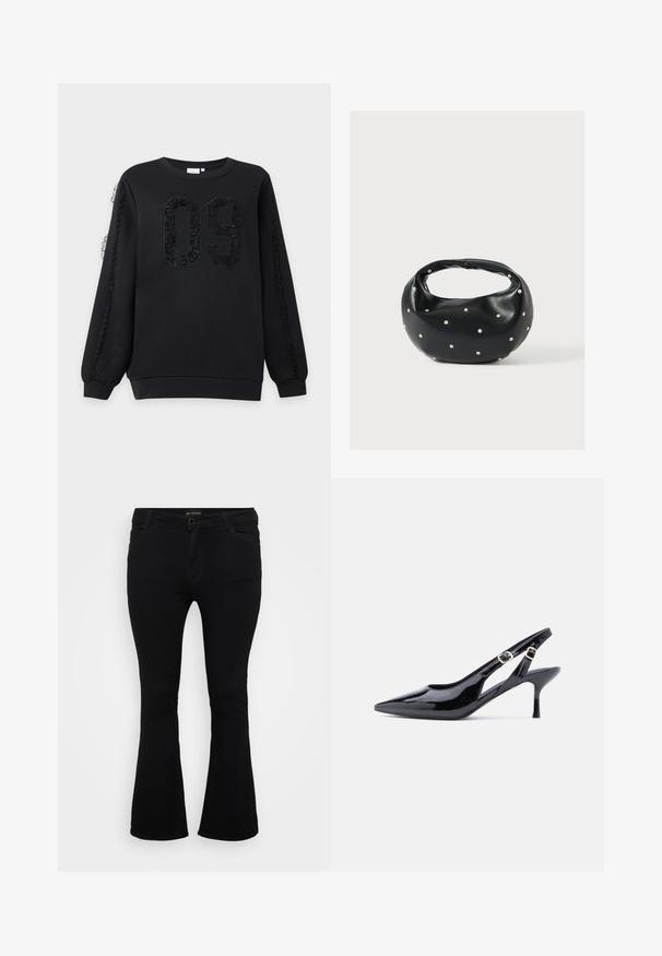 Schwarzer Sweatshirt mit langen Ärmeln, mit der strukturierten Zahl 09 auf der Vorderseite und Spitzen-Details an beiden Ärmeln.; Schwarze Schlagjeans aus Denim mit Knopfverschluss, fünf Taschen und einer glatten Textur. Klassisches Design mit ausgestellt geschnittenem Saum.; Schwarzer Slingback-Schuh aus Lackleder mit spitzer Spitze, verstellbarem Schnallenriemen und schlankem, hohem Absatz. Verfügt über seitliche offene Ausschnittdesigns.; Schwarze Lederhandtasche mit abgerundeter Form, verziert mit silbernen Nietenakzenten und kurzem Griff. Glatte Struktur und Reißverschlussverschluss.