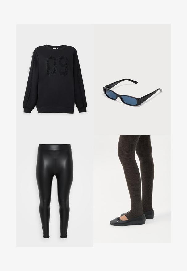 Schwarzer Sweatshirt mit langen Ärmeln, mit der strukturierten Zahl 09 auf der Vorderseite und Spitzen-Details an beiden Ärmeln.; Schwarze Leggings aus einem glatten, glänzenden Material. Hoher Bund, enganliegendes Design und keine sichtbaren Nähte oder Muster.; Beine in dunklen, gerippten Leggings kombiniert mit schwarzen Ballerinas mit kleinen Schleifendetails auf weißem Hintergrund.; Schwarze Sonnenbrille mit einem eleganten rechteckigen Rahmen und blauen Gläsern. Besitzt eine glatte Oberfläche und robuste Scharniere. Markenlogo an der Seite.
