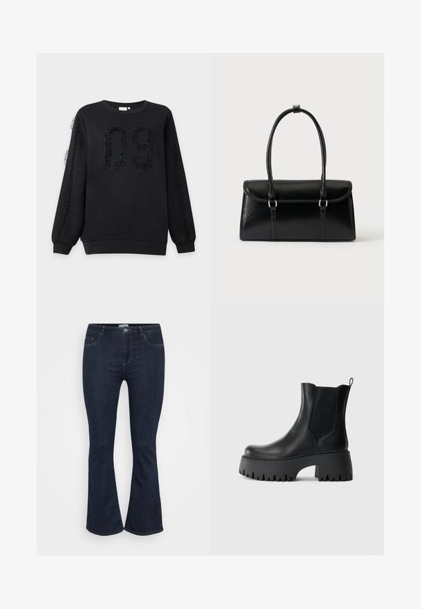 Zwarte longsleeve trui met een getextureerd nummer 09 op de voorkant en kanten details die langs beide mouwen lopen.; Donkerblauwe high-waisted denim jeans met een aansluitende pijp en een lichte flare aan de onderkant, voorzien van voorzakken en een knoopsluiting.; Zwarte leren enkelboot met dikke profielzool, elastische zijpanelen, treklus aan de hiel en forse verhoogde blokhak.; Zwarte leren rechthoekige handtas met klep en twee lange handvatten tegen een effen witte achtergrond.