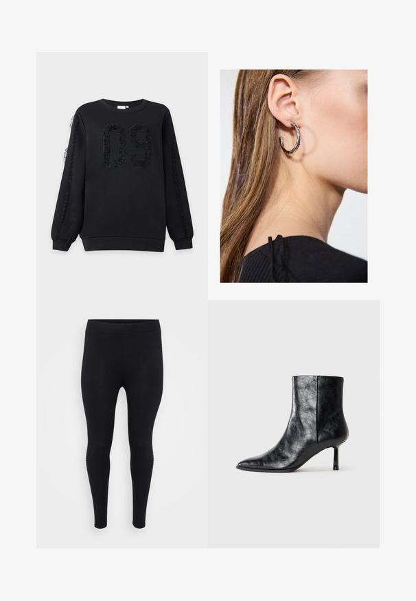Sort sweatshirt med lange ærmer med tekstureret nummer 09 på forsiden og blonde detaljer, der løber ned ad begge ærmer.; Sorte leggings med en glat tekstur, høj talje og en tætsiddende form. Har subtile sidelayout langs sømmen.; Sort læder ankelstøvle med spids tå og en tynd, kort hæl. Har en tekstureret overflade og et rent design med en sømløs side.; Sølv hoop ørestik med en poleret overflade, prydet med små guld accenter og en rund form, båret på øreflippen.