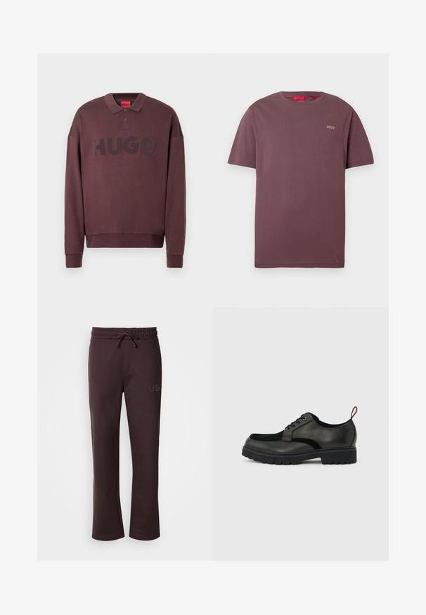 Sweat-shirt polo à manches longues marron foncé avec poignets côtelés, deux boutons au col et "HUGO" imprimé sur la poitrine.; T-shirt bordeaux à manches courtes avec petit logo « HUGO » sur la poitrine à gauche et étiquette intérieure rouge au col.; Pantalon de survêtement marron foncé avec une taille élastique, un cordon de serrage, des poches latérales et le logo "HUGO" imprimé sur la jambe gauche. Texture douce.; Chaussure noire en cuir à lacets avec semelle épaisse crantée et languette rouge à l'arrière, vue de profil sur un fond gris clair.
