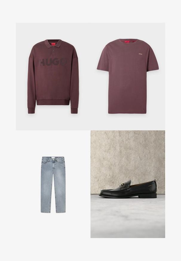 Donkerbruin poloshirt met lange mouwen, geribbelde manchetten, twee knopen aan de kraag en de tekst "HUGO" gedrukt op de borst.; Bordeauxrode T-shirt met korte mouwen, met een klein "HUGO"-logo op de linkerborst en een rood label aan de binnenzijde van de hals.; Lichtblauwe denim jeans met een rechte snit, vijf zakken, knoopsluiting, subtiele vervaging en gestikte details langs de zakken.; Zwarte leren loafer met gouden metalen gesp en "HUGO" branding, weergegeven tegen een beige tapijt en bruin doorschijnend meubilair.