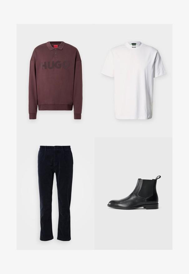 Donkerbruin poloshirt met lange mouwen, geribbelde manchetten, twee knopen aan de kraag en de tekst "HUGO" gedrukt op de borst.; Witte T-shirt met korte mouwen van katoen, voorzien van een ronde halslijn en een bedrukt merklogo bij de kraag. Glad oppervlak, eenvoudig ontwerp.; Marineblauwe corduroy broeken met een platte voorkant, twee zijzakken en een enkele knoopsluiting. Zacht van textuur, licht toelopende pijpen.; Zwarte leren enkelboot met elastische zijpanelen, ronde neus en een trekhaak. Gladde textuur, platte zool, minimalistisch ontwerp.