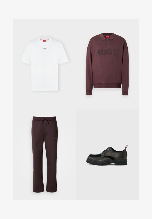 Langærmet mørkebrun polo-sweatshirt med ribkant ved ærmerne, to knapper ved kraven og "HUGO" trykt på brystet.; Hvid T-shirt med korte ærmer med lille sort "HUGO" logo centreret på brystet og et rødt mærke inde i kraven.; Mørkebrun joggingbukser med elastisk taljebånd, snøre, sidelommer og "HUGO" logo trykt på venstre ben. Blød tekstur.; Sort læder snøresko med tyk slidbanesål og rød hælestropp, vist i sideprofil på en lysegrå baggrund.