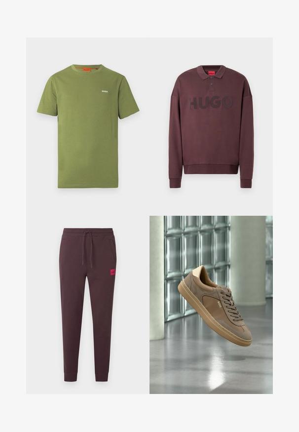 Sweat-shirt polo à manches longues marron foncé avec poignets côtelés, deux boutons au col et "HUGO" imprimé sur la poitrine.; T-shirt en coton vert olive à manches courtes, col rond, logo blanc "HUGO" sur la poitrine, design uni.; Pantalon de survêtement marron foncé avec taille à cordon, jambes fuselées, poches latérales, et un petit écusson rouge avec logo à l'avant. Tissu doux et lisse.; Baskets décontractées beiges avec lacets et logo « BOSS », flottant au-dessus d’un sol en béton poli avec un mur en blocs de verre en arrière-plan.