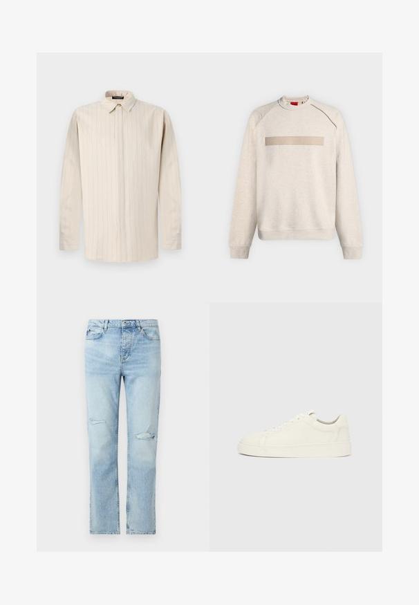 Lys beige sweatshirt med lange ærmer og rund hals, med en glat, vandret stribe over brystet præget med ordet HUGO.; Lyse beige langærmet skjorte med knapkrave, der har lodrette striber, lige snit og enkeltknapsmanchetter.; Lyseblå denimjeans med lige pasform, knaplukning, forlommer og små slidte revner på begge lår.; Hvid læder sneaker med lavt skaft, snørelukning og flad sål på ensartet lysegrå baggrund, set fra siden.
