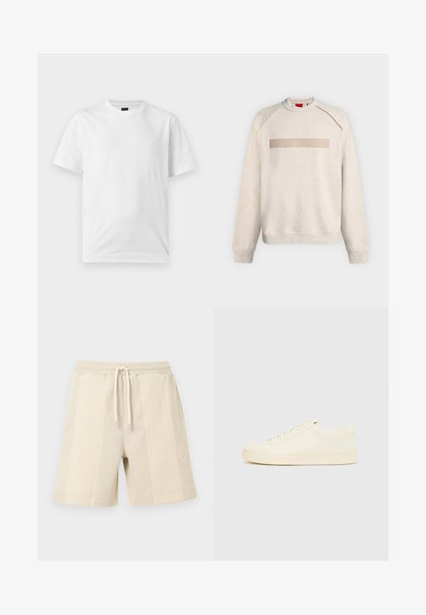 Sweat-shirt beige clair à manches longues et col rond, avec une bande horizontale lisse sur la poitrine embossée du mot HUGO.; T-shirt blanc uni à manches courtes et col rond avec un petit logo embossé subtil sur la partie gauche de la poitrine.; Shorts beige avec une texture côtelée, taille élastique avec cordon de serrage, et un patch logo sur le côté inférieur.; Baskets couleur crème avec une tige en cuir lisse, bout arrondi, laçage à l'avant et semelle en caoutchouc texturée. Design minimaliste, sans logo.