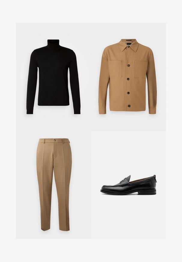 Suéter negro de cuello alto confeccionado en un tejido de punto fino, con mangas largas y una silueta ajustada. Textura suave con puños acanalados.; BOSS CRAIG - Camisa - medium beige; Pantalones marrones a medida con corte recto, pinzas simples, trabillas para cinturón y cierre frontal con botón. Tela suave con una textura mate.; Mocasín de hombre de piel negra con costura moc toe, tira penny, cuello texturizado y tacón bajo apilado sobre fondo blanco.