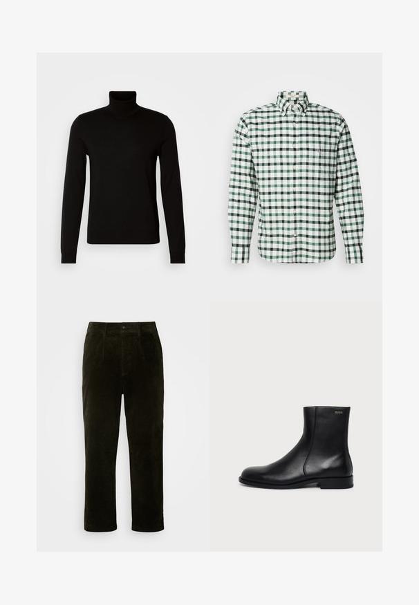 Pull col roulé noir en tissu tricoté fin, doté de manches longues et d'une silhouette ajustée. Texture lisse avec des poignets côtelés.; Chemise à manches longues à carreaux verts et blancs en coton, avec un col boutonné et un petit logo brodé sur la poitrine.; Pantalon en velours côtelé vert foncé, coupe droite, avec poches à l'avant, fermeture à bouton et tissu texturé.; Bottine en cuir noir avec talon bas, fermeture éclair latérale et petit logo "HUGO" près du haut sur un fond uni clair.