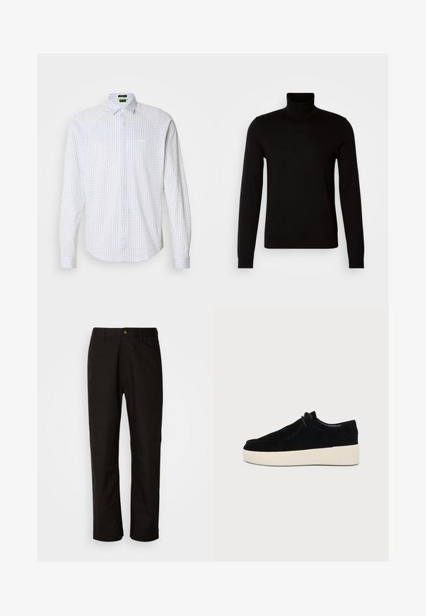 Suéter negro de cuello alto confeccionado en un tejido de punto fino, con mangas largas y una silueta ajustada. Textura suave con puños acanalados.; Camisa de manga larga abotonada en blanco con un patrón de cuadros en azul. Presenta un cuello clásico y un bolsillo en el frente. Tejido suave con un ajuste estructurado.; Pantalones de algodón negros con corte recto, presillas para el cinturón, cremallera frontal y un solo botón de cierre. Textura suave sin patrones visibles.; Zapato casual de ante negro con cordones y suela gruesa de goma blanca, vista lateral sobre fondo gris claro liso.