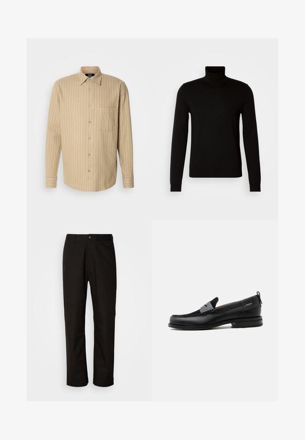 Pull col roulé noir en tissu tricoté fin, doté de manches longues et d'une silhouette ajustée. Texture lisse avec des poignets côtelés.; Chemise beige à boutons avec des rayures verticales bleues, manches longues, poche poitrine unique et col classique. Texture de tissu douce.; Pantalon en coton noir avec une coupe droite, des passants de ceinture, une fermeture éclair à l'avant et un seul bouton. Texture lisse sans motifs visibles.; Mocassin en cuir noir avec détail de bride grise, talon bas et semelle texturée, marqué "HUGO" en or sur le côté.
