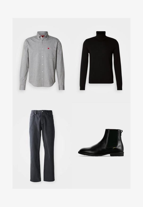 Sort turtleneck sweater lavet af et fint strikket stof, der har lange ærmer og en tætsiddende silhuet. Glat tekstur med ribbede manchetter.; Grå skjorte med knappestrik i bomuldsstof, med en brystlomme med et lille rødt logo. Blød tekstur, struktureret krave og lange ærmer.; Mørkegrå denim jeans med lige ben-design, fem lomme-stil, frontknap og lynlås lukning samt kontrastsyede detaljer.; Sort læder ankelstøvle med elastisk sidelæpanel, lav hæl, trækflig bagpå og lille gyldent "HUGO" logo på ydersiden.