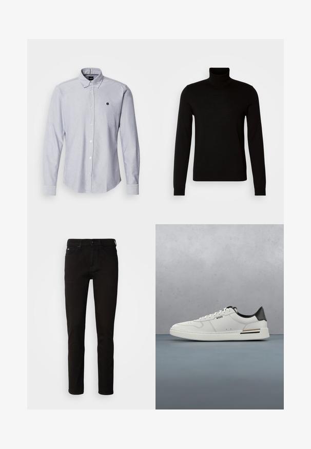 Sort turtleneck sweater lavet af et fint strikket stof, der har lange ærmer og en tætsiddende silhuet. Glat tekstur med ribbede manchetter.; Lyseblå skjorte med lange ærmer, lavet af et struktureret stof. Har et lille logo på venstre bryst og standard manchetter.; Sorte denimjeans med lige ben, lynlås og fem lommer. Stoffet har en glat tekstur uden synlige mønstre.; Hvide lavtoppede sneakers med sort hæl, snørebånds lukning, subtile perforeringer og "BOSS" logo på siden, vist fra ydersiden i profil.