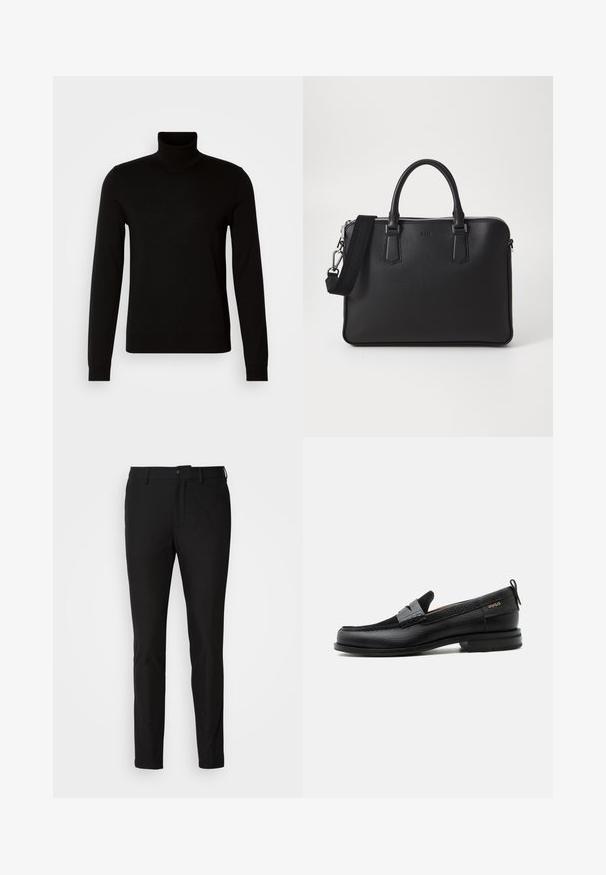 Sort turtleneck sweater lavet af et fint strikket stof, der har lange ærmer og en tætsiddende silhuet. Glat tekstur med ribbede manchetter.; Sorte bukser med slim fit, der har en knaplukning, lynlås og to forlommer. Glat stof med mat overflade.; Sort læderloafer med grå remdetalje, lav hæl og tekstureret sål, mærket med "HUGO" i guld på siden.; Sort lædertaske med struktureret overflade, doble håndtag og en aftagelig skulderrem. Har sølvfarvede lynlåse og minimalistiske designelementer.