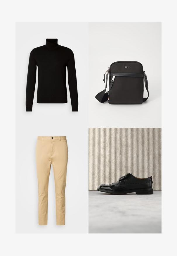 Suéter negro de cuello alto confeccionado en un tejido de punto fino, con mangas largas y una silueta ajustada. Textura suave con puños acanalados.; Chinos beige de algodón con una textura suave. Incluyen un cierre de botón, pasadores para cinturón y se estrechan hacia el tobillo.; Zapato brogue de cuero negro con diseño de ala flotando sobre una alfombra beige cerca de un mueble naranja curvo.; Bolso bandolero negro con un tejido texturizado, logo en la parte frontal, cierre de cremallera y correa ajustable. Presenta un ribete de cuero suave.