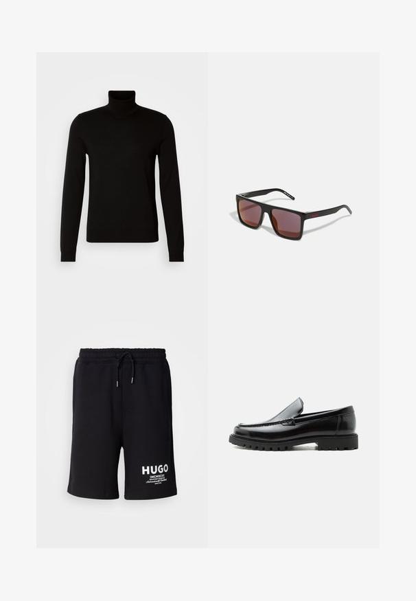 Schwarzer Rollkragenpullover aus feiner Strickware, mit langen Ärmeln und taillierter Silhouette. Glatte Textur mit gerippten Bündchen.; Schwarze Baumwollshorts mit einem elastischen Bund und Kordelzug. Weißes "HUGO"-Logo am linken Bein. Einfaches Design, knielanger Schnitt.; Schwarzer Lederloafer mit grober Gummisohle, genähter Oberseite und geprägtem Markennamen an der Ferse, seitlich auf weißem Hintergrund gezeigt.; Schwarze rechteckige Sonnenbrille mit dunkelroten Gläsern, mit matter Oberfläche und rotem Logo am Bügel. Robuster Kunststoffrahmen.