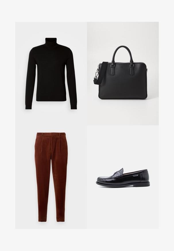 Sort turtleneck sweater lavet af et fint strikket stof, der har lange ærmer og en tætsiddende silhuet. Glat tekstur med ribbede manchetter.; Brune corduroy bukser med lige pasform, featuring frontfolder, to sidelommer og en glat tekstur. Velegnet til afslappet brug.; Sorte læderloafer med en blank finish, der har et syet mønster på tåen og en lav, tekstureret sort gummisål.; Sort lædertaske med struktureret overflade, doble håndtag og en aftagelig skulderrem. Har sølvfarvede lynlåse og minimalistiske designelementer.