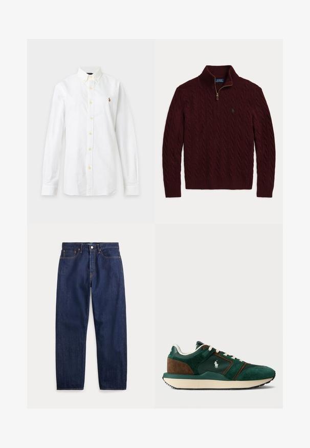 Bordeaux kabelgebreide trui met halve rits, geribde kraag, manchetten en zoom, met een klein groen Polo-logo op de borst.; Witte blouse met lange mouwen, knoopsluiting, kraag en klein geborduurd logo op de linkerborst tegen een effen achtergrond.; Donkerblauwe denim jeans met rechte pijpen, vijf zakken, knoopsluiting en zichtbare stiksels.; Heren sneakers in donkergroen en bruine suede, met meshpanelen, witte veters en een rubberen zool. Kenmerkt een logo aan de zijkant.