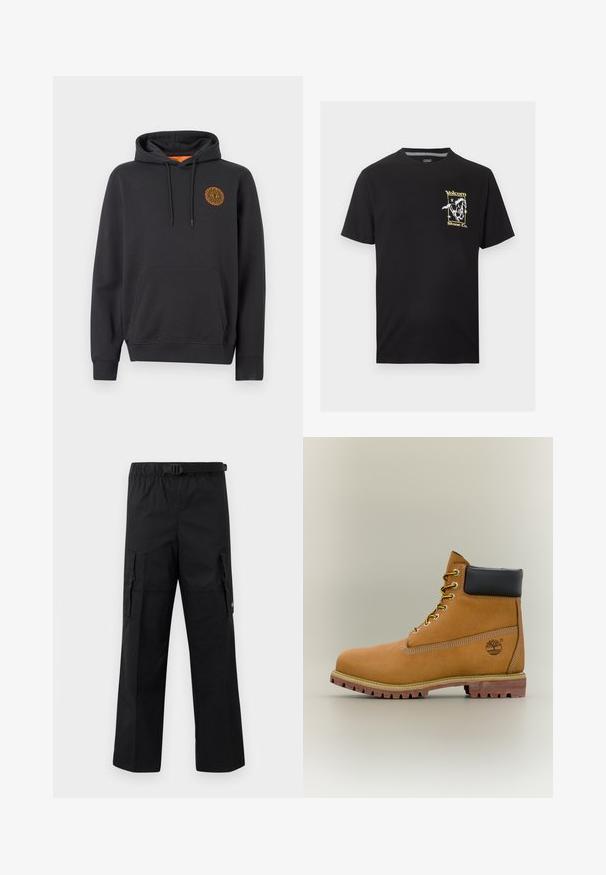 Zwarte capuchontrui met een zak aan de voorkant en een oranje zonembleem op de linkerborst, voorzien van trekkoorden en geribbelde manchetten en zoom.; Zwart T-shirt met korte mouwen, met een kleine gele en witte afbeelding van een rennend paard en de tekst "Volcom Stone Co." op de linkerborst.; Zwarte cargobroek met een wijde pasvorm, een verstelbare tailleband met een gesp en twee zijzakken voor opslag. Lichtgewicht stof.; Bruine leren enkellaars met zwarte kraag, gele veters en een zandkleurige zool. Voorzien van een logo en witte stikseldetails. Robuuste loopzool met grip.