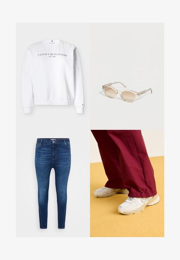 Witte sweatshirt gemaakt van een katoenmix; voorzien van geribde manchetten en zoom. Aan de voorkant staat het logo "TOMMY HILFIGER EST. 1985" in zwart.; Donkerblauwe skinny jeans met voorzakken, riemlussen en een knoopsluiting op een lichte effen achtergrond.; Lichtgrijze sneakers met gestructureerde oppervlakken en gevoerde zolen, gecombineerd met loszittende bordeauxrode broeken, tegen een gele achtergrond.; Transparante beige zonnebril met bruine gradiëntlenzen, schuin geplaatst op een witte oppervlakte.