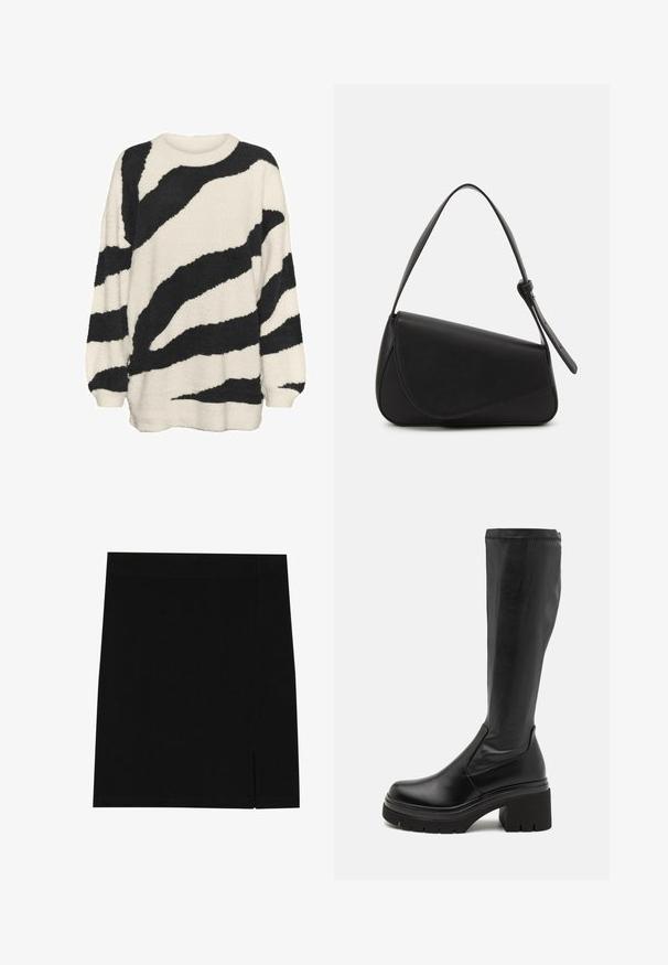 Pull à rayures noir et blanc en matière douce et duveteuse. Il possède un col rond et des manches larges avec une coupe décontractée.; Mini-jupe noire en tissu doux avec une coupe ajustée, présentant une légère fente sur le côté pour plus de style.; RAID RIMISHA - Bottes à plateau - black; Sac à main en cuir noir de forme triangulaire, avec un rabat incliné et une poignée supérieure arrondie. Il présente une texture lisse et des détails de design minimalistes.