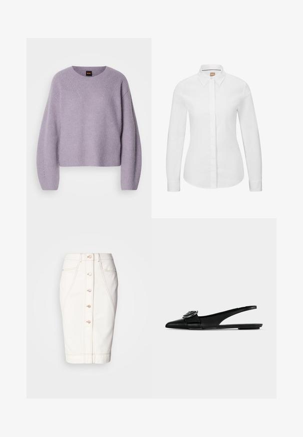 Suéter de punto de color púrpura claro con cuello redondo, hombros caídos y textura de canalé. Presenta un sutil patrón de costura a lo largo de las costuras.; Camisa blanca de manga larga abotonada en tejido de algodón puro con cuello clásico, placket frontal y corte entallado. Textura suave, sin estampados.; Falda de mezclilla blanca con cierre de botones en la parte delantera, costuras visibles y silueta de lápiz. Sin bolsillos visibles. Textura suave.; Zapato plano slingback de cuero negro con puntera puntiaguda, una correa ancha y detalle de hebilla metálica redonda en la parte superior.
