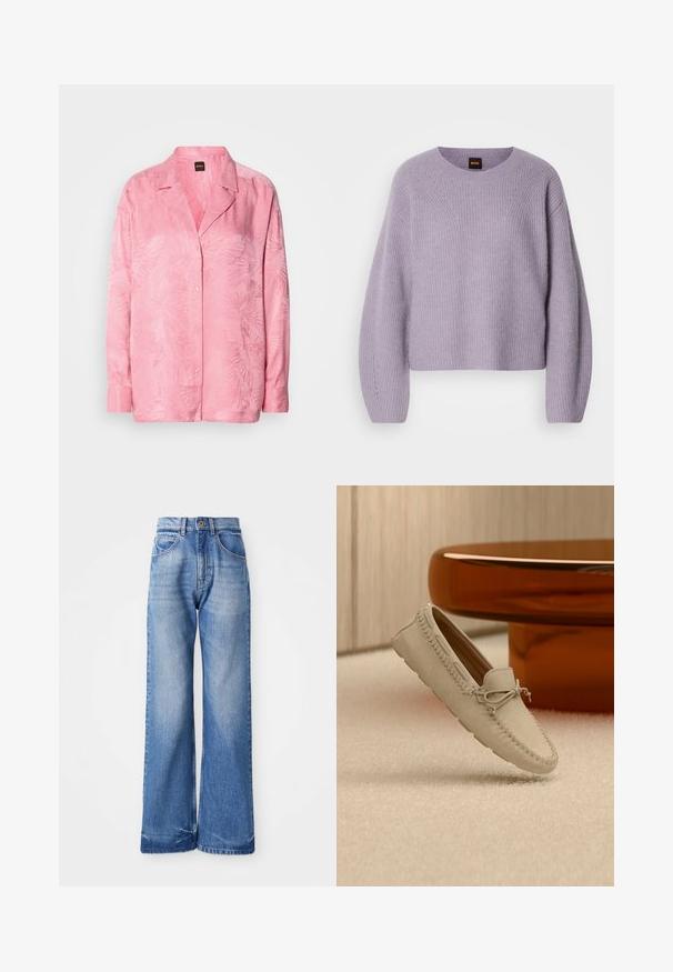 Suéter de punto de color púrpura claro con cuello redondo, hombros caídos y textura de canalé. Presenta un sutil patrón de costura a lo largo de las costuras.; Camisa de botones de color rosa claro con un sutil patrón de hojas de palma. Hecha de una tela suave con un corte relajado y diseño de cuello clásico.; Jeans de tiro alto, de mezclilla, de pierna ancha y color azul claro, con cinco bolsillos y sutiles marcas de desgaste en la parte frontal para agregar textura.; Mocasín de ante beige con detalles de lazo de cordón, apoyado sobre una alfombra cremosa junto a la base de una mesa redonda y marrón brillante.