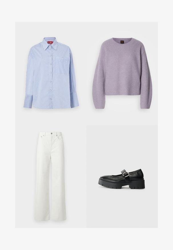 Suéter de punto de color púrpura claro con cuello redondo, hombros caídos y textura de canalé. Presenta un sutil patrón de costura a lo largo de las costuras.; Camisa de rayas azul y blanca con cuello, mangas largas, botones en la parte frontal y un bolsillo en el pecho izquierdo con rayas a juego.; Samsøe Samsøe SHELLY - Vaqueros boyfriend - clear cream; Zapatos Mary Jane de cuero negro con suela de plataforma gruesa, punta redonda y detalle de hebilla lateral. Textura suave con costuras mínimas.