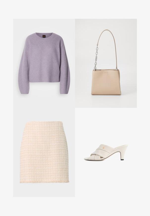 Suéter de punto de color púrpura claro con cuello redondo, hombros caídos y textura de canalé. Presenta un sutil patrón de costura a lo largo de las costuras.; Mini falda de tweed beige con un patrón de cuadros texturizado, dobladillo desflecado y silueta recta, hecha de una suave tela tejida.; Mules de tacón alto beige con diseño de tira de cuero torcida, punta abierta y detalle de logotipo en relieve. El tacón tiene un detalle en punta negra.; Bolso de mano de piel beige con una textura suave, con un acento de cadena plateada en el asa y un cierre de cremallera. "HUGO" grabado en la parte frontal.
