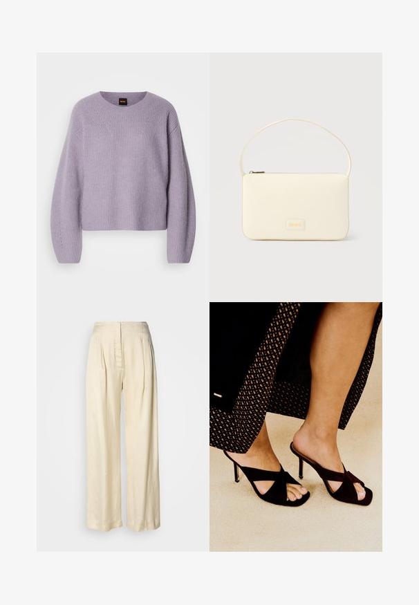 Pull en laine violet clair avec un col arrondi, des épaules chamarrées et une texture côtelée. Présente un motif de couture subtil le long des coutures.; Pantalon en soie crème taille haute avec plis, jambes larges et fermeture éclair avant dissimulée sur un fond blanc uni.; Pieds nus dans des sandales mules noires à talons hauts et bout ouvert avec des brides croisées, debout sur un sol clair texturé, portant une jupe noire à motifs.; Sac à main rectangulaire de couleur crème avec une seule sangle et une fermeture éclair sur le dessus, comportant une petite plaque de logo embossé à l'avant.