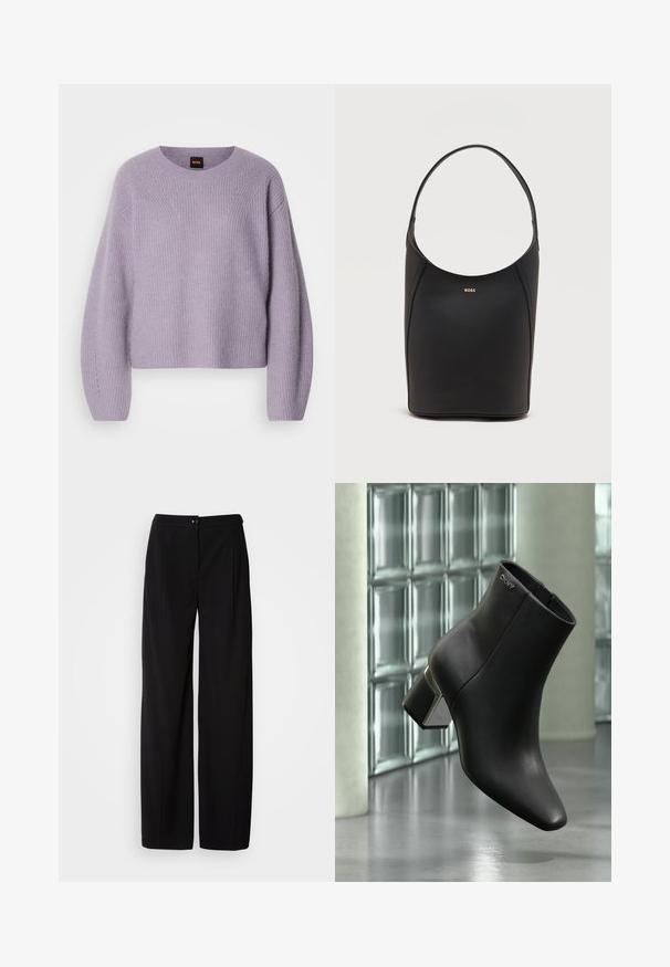 Pull en laine violet clair avec un col arrondi, des épaules chamarrées et une texture côtelée. Présente un motif de couture subtil le long des coutures.; Pantalons large en noir avec un tissu tissé lisse ; dotés d'une fermeture à bouton et d'un design plissé pour une silhouette structurée.; Bottine en cuir noir à talon bloc, logo DKNY près du haut, exposée devant un mur en blocs de verre et un sol en béton poli.; Sac seau en cuir noir avec une seule bandoulière et un petit logo BOSS doré centré près du haut à l'avant.