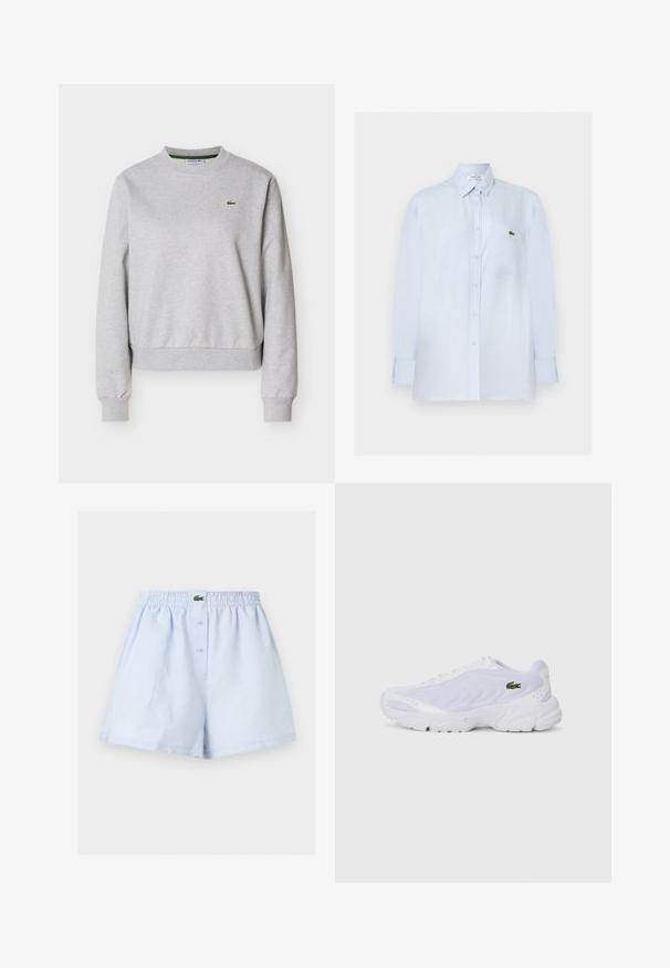 Hellgraues Sweatshirt mit Rundhalsausschnitt, langen Ärmeln und kleinem grünen Lacoste-Krokodil-Logo auf der linken Brust.; Hellblaues langärmeliges Hemd mit Knopfleiste, Brusttasche und kleinem grünen Krokodillogo auf der Tasche.; Hellblaue Herrenboxershorts mit elastischem Bund, vorderer Knopfleiste und kleinem grünem Krokodil-Logo in der Mitte.; Weiße Sportschuhe mit Netzobermaterial, strukturiertem Design und gepolstertem Kragen. Merkmale sind ein grünes Logo an der Seite und eine gepolsterte Sohle für Komfort.
