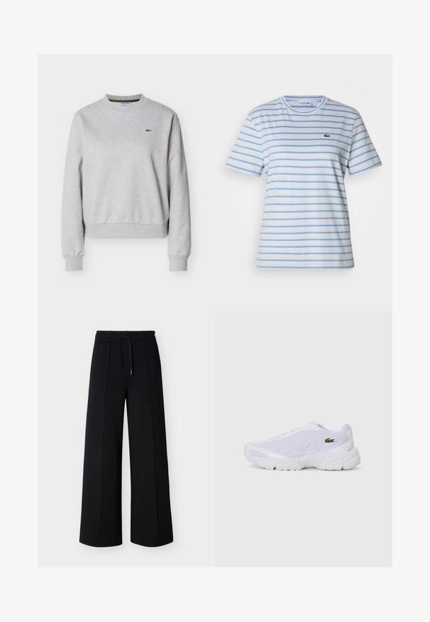 Lysegrå crewneck-sweatshirt med lange ærmer og lille grønt Lacoste-krokodillelogo på venstre bryst.; Kortærmet t-shirt i lyseblå med horisontale striber i gul og hvid. Har en lille grøn logo på brystet. Bomuldsstof.; Sorte bukser med brede ben lavet af blødt stof, med elastisk talje med snøre og sidesømme for en afslappet pasform.; Hvide atletiske sko med mesh-overdel, tekstureret design og polstret krave. Har grønt logo på siden og polstret sål for komfort.