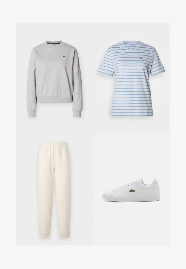 Lysegrå crewneck-sweatshirt med lange ærmer og lille grønt Lacoste-krokodillelogo på venstre bryst.; Kortærmet t-shirt i lyseblå med horisontale striber i gul og hvid. Har en lille grøn logo på brystet. Bomuldsstof.; Cremefarvede sweatpants lavet af blødt stof. Har en elastisk talje og tapered ben design med subtile stikningsdetaljer.; Hvide lædersneakers med rund tå, snøre-design, grøn broderet krokodille-logo og struktureret gummisål.