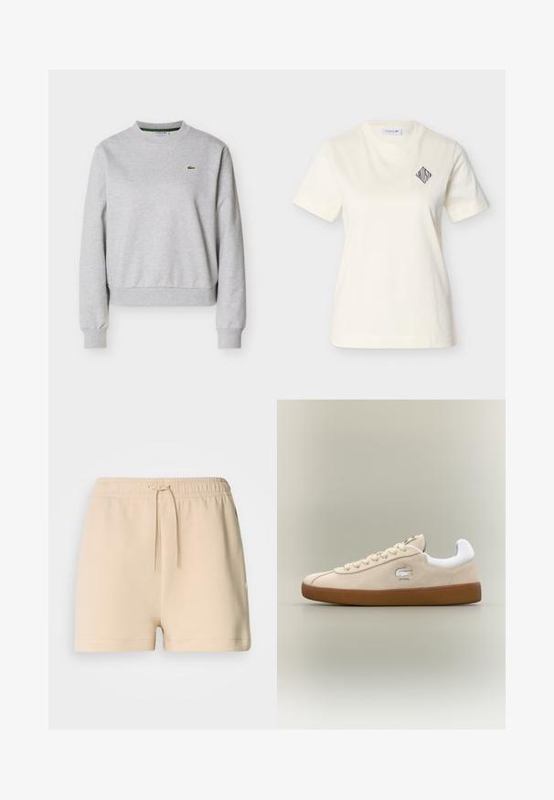 Lysegrå crewneck-sweatshirt med lange ærmer og lille grønt Lacoste-krokodillelogo på venstre bryst.; Kremfarvet bomulds-t-shirt med rund halsudskæring, korte ærmer og en diamantformet broderet logo på venstre bryst. Glat tekstur.; Beige bomuldsshorts med elastik i taljen og justerbar snor. Har et enkelt design og et logo på siden.; Beige ruskinds sneakers med hvide detaljer og gummisål. Har et hævet logo på siden og kontrasterende beige snørebånd. Klassisk design.