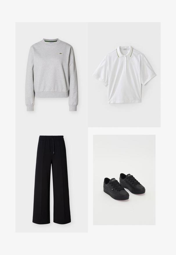 Lichtgrijze sweater met ronde hals, lange mouwen en een klein groen Lacoste krokodillenlogo op de linker borst.; Witte polo met korte mouwen, voorzien van een knoopsluiting, groene en gele kraagaccenten en zijkanten van mesh. LACOSTE-logo aanwezig.; Zwarte broek met brede pijpen gemaakt van zachte stof, voorzien van een elastische tailleband met trekkoord en zijnaden voor een ontspannen pasvorm.; Zwarte low-top sneakers van glad materiaal, met dikke veters, een gestructureerde zool en een klein logo aan de zijkant en op de tong.