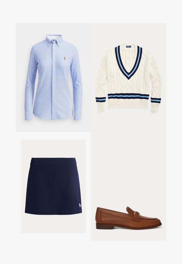 Suéter de punto en crema con escote en V, que presenta rayas en azul marino y azul claro en el cuello y el dobladillo inferior.; Camisa de botones a rayas azul claro y blanca con cuello, mangas largas y un pequeño logo bordado en la parte izquierda del pecho.; Skort azul marino confeccionado con tela elástica, que presenta una cintura ancha y un pequeño logo blanco de un caballo en el lado inferior izquierdo.; Mocasín de cuero marrón con detalle de hebilla dorada y tacón bajo de madera, mostrado de lado sobre un fondo sencillo.