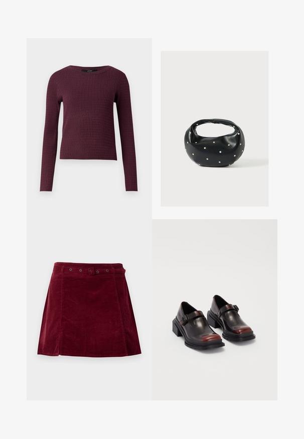Lange mouwtrui in donker bordeaux met een geribbelde textuur, ronde halslijn en slim fit ontwerp. Lichtgewicht gebreide stof.; Donkerrode corduroy rok met een bijpassende riem en metalen oogjes, met een lichte A-lijn vorm en detail op het voorpaneel.; Leren blokhak schoenen met een glanzende donkerburgundy afwerking, voorzien van een gespstrap en een rond neusstuk. Getextureerde zool voor grip.; Zwarte leren handtas met een afgeronde vorm, versierd met zilveren studs, en een korte handgreep. Gladde textuur en ritsluiting.
