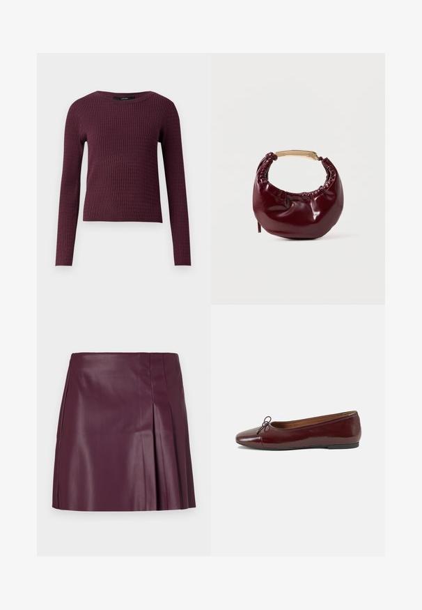 Langærmet sweater i mørk burgundy med struktur og ribbet tekstur, rund halsudskæring og tætsiddende design. Let strikket stof.; ONLY ONLARTZY Short - Mini skirts - mauve wine; Bordeaux patentlæder balletflad med rund tå, lille sløjfeaccent foran og en lav, sort gummisål. Glat tekstur.; Bordeaux farvet faux læder handbag med en afrundet form, samling detaljer og et guldtonet metalhåndtag. Glat tekstur og blank finish.