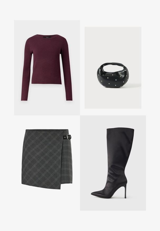 Lange mouwtrui in donker bordeaux met een geribbelde textuur, ronde halslijn en slim fit ontwerp. Lichtgewicht gebreide stof.; Donkergrijze geruite wollen wikkelrok met zwarte gespdetail aan de rechterzijde, rechte zoom en subtiele diagonale lijnenpatroon.; Zwarte kniehoge stiletto laars gemaakt van glad, glanzend materiaal; puntige neus; aansluitende pasvorm met subtiele plooien bij de enkel; glanzende hak.; Zwarte leren handtas met een afgeronde vorm, versierd met zilveren studs, en een korte handgreep. Gladde textuur en ritsluiting.